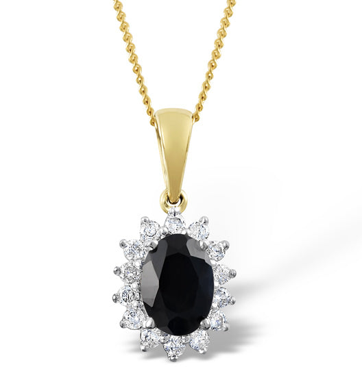 Sapphire 7 x 5mm And Diamond 9K Gold Pendant Necklace